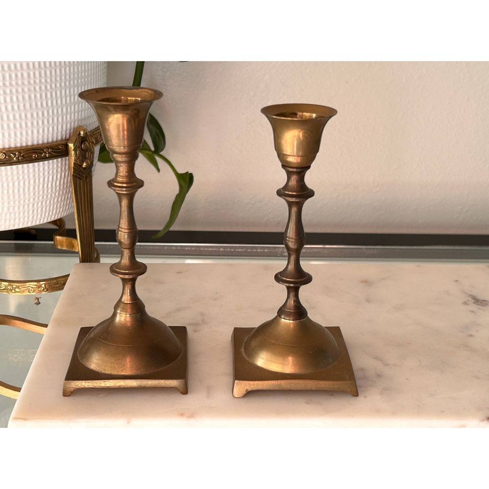 Vintage Brass Candlestick Holders Pair Square Base Taper Candle Stands 6.25 inch